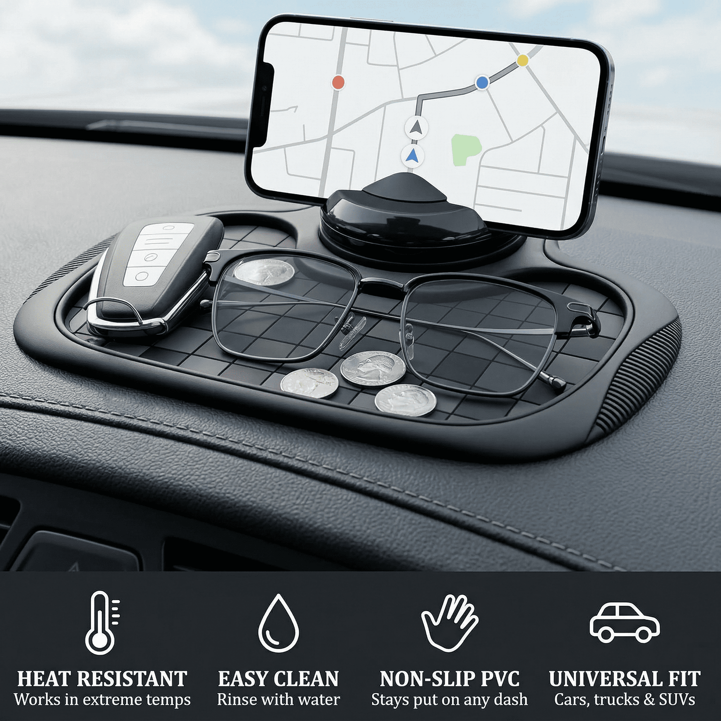 CNDRLEF Car Dashboard Organizer with Phone Holder and Parking Number Plate, Anti Slip Dash Mat, 360 Rotating Mount, 6 Number Sticker Sheets