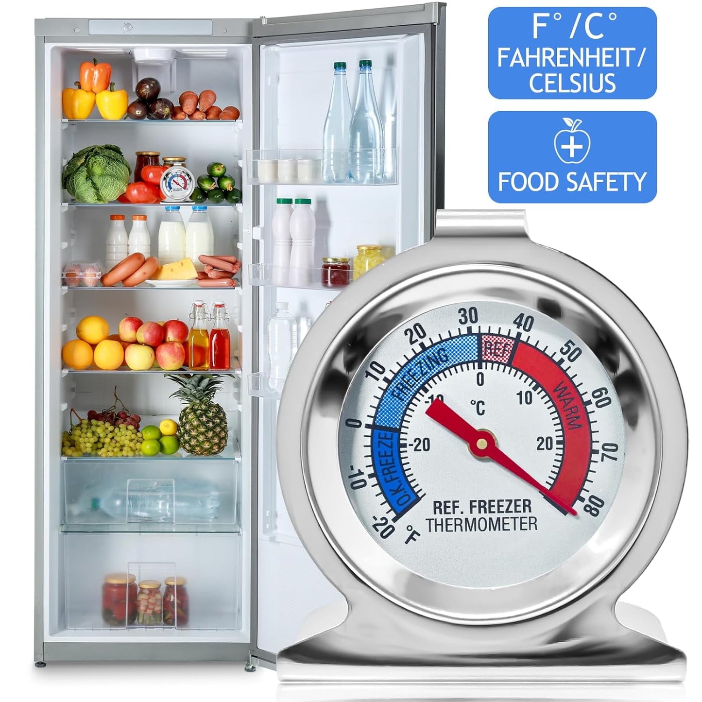 CNDRLEF Large Dial Refrigerator Freezer Thermometer, 4 Pack - Easy-Read Hanging or Standing Dual Mount Fridge Freezer Thermometers for Accurate Temp