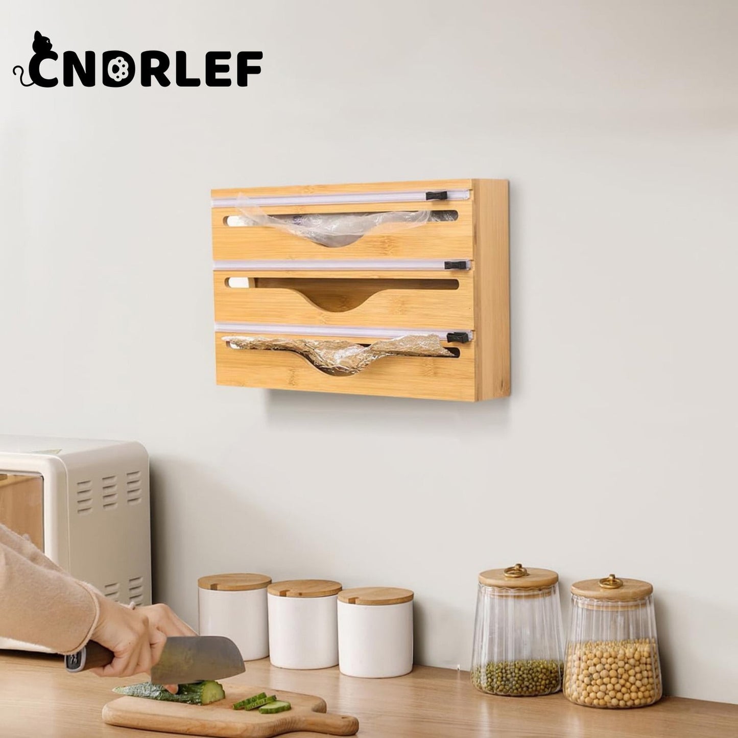CNDRLEF 3 in 1 Wrap Organizer with Cutter , Plastic Wrap, Aluminum Foil and Wax Bamboo Dispenser for Kitchen Storage Organization Holder for 12" Roll (Natural)