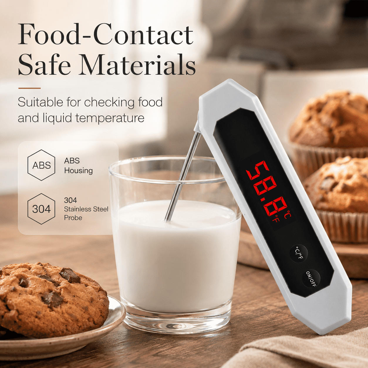 CNDRLEF Digital Meat Thermometer, Instant Read Food Thermometer with Foldable 304 Stainless Steel Probe for Cooking, BBQ, Grill, Frying, White