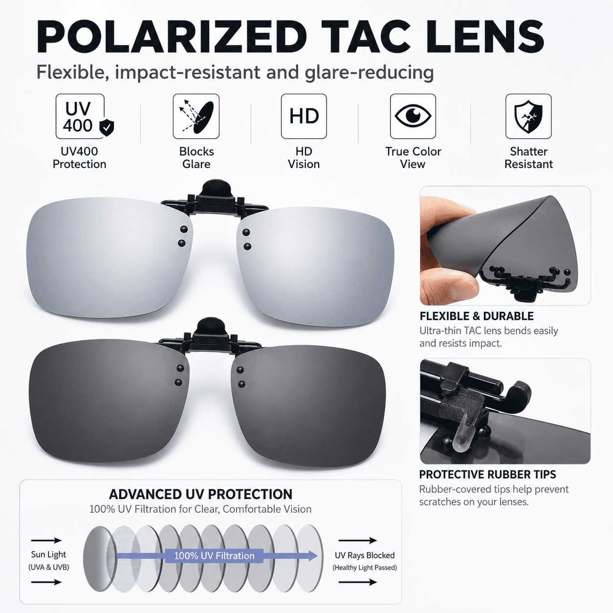 CNDRLEF 2 Pairs Polarized Clip-On Sunglasses, Flip-Up UV400 Anti-Glare TAC Lenses for Prescription Glasses, Dark Gray & Silver Mirror