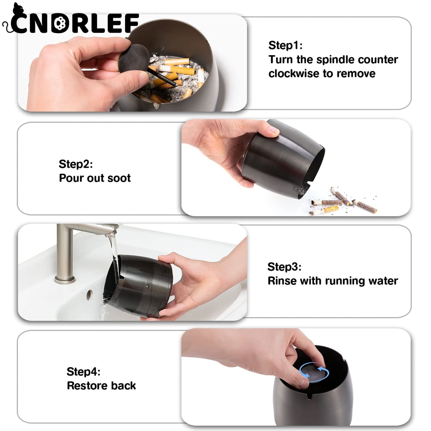 CNDRLEF Stainless Steel Ashtray with Lid, Medium Black - Windproof Smokeless Odorless Covered Ash Tray for Indoor Outdoor Home Office Patio