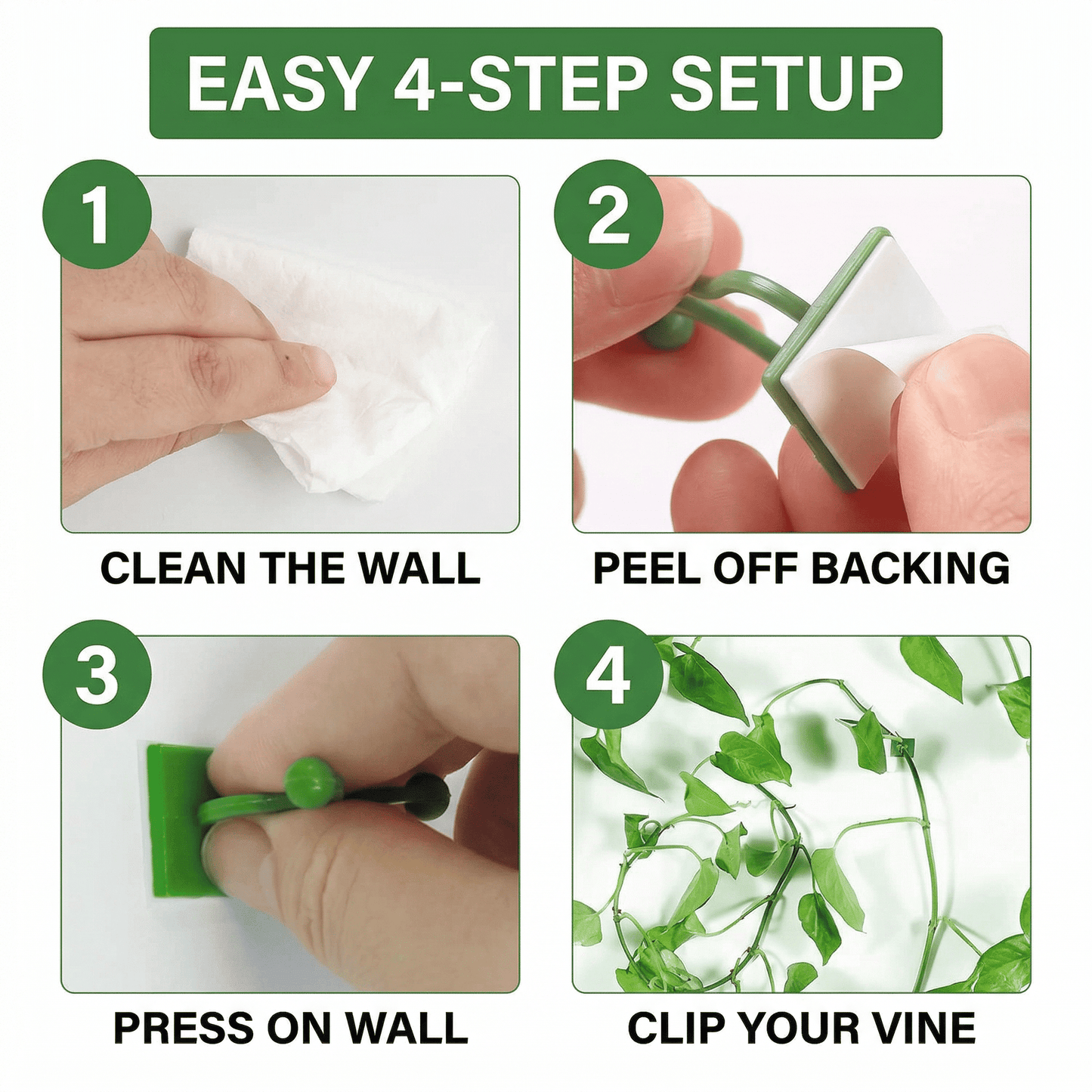 CNDRLEF Plant Wall Clips 100 Pack, Self Adhesive Vine Clips for Climbing Plants, Green Wall Plant Holder for Indoor Vines and Cable Management