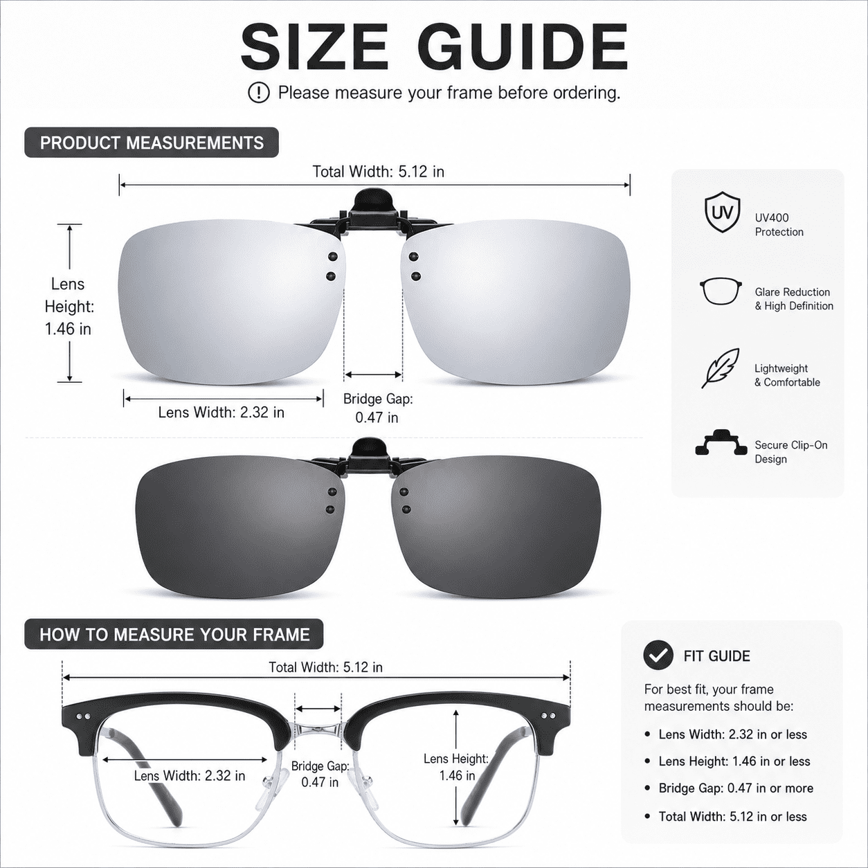 CNDRLEF 2 Pairs Polarized Clip-On Sunglasses, Flip-Up UV400 Anti-Glare TAC Lenses for Prescription Glasses, Dark Gray & Silver Mirror