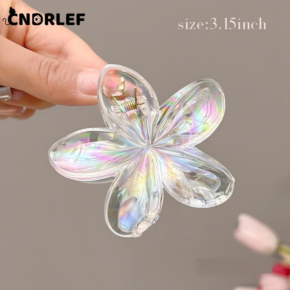 CNDRLEF 4Pcs Large Sparkle Flower Hair Clips (3.15 Inch) - Rainbow Finish for Women & Girls, Non-Slip Claw Clip for Ponytail, Bun, Braid - Gift Set (Blue, Clear, Gold, Pink)