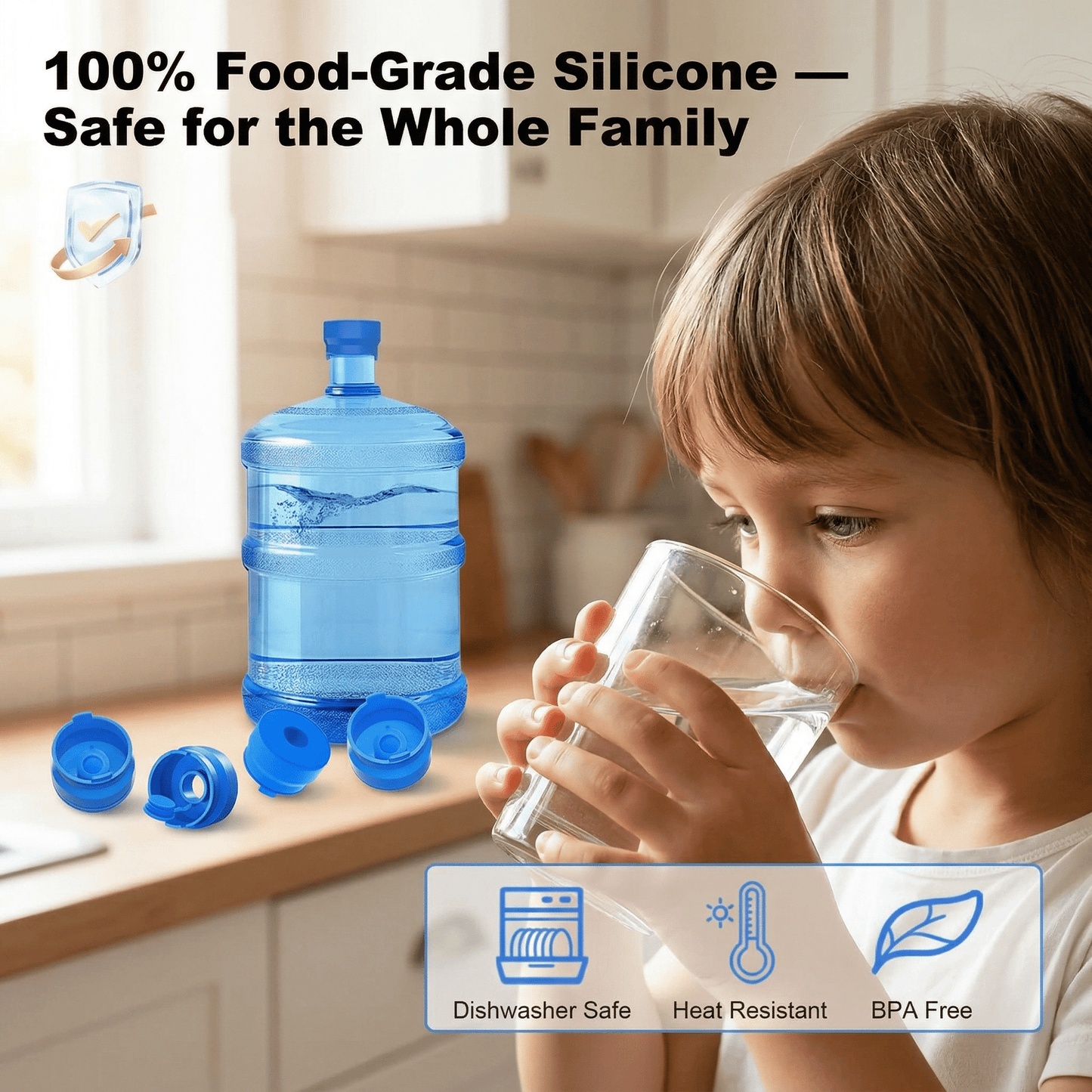 CNDRLEF 4 Pack 55mm Water Jug Caps for 3 & 5 Gallon Bottles, Reusable Food-Grade Silicone, Leakproof Non-Spill for Standard, Screw and Crown Tops