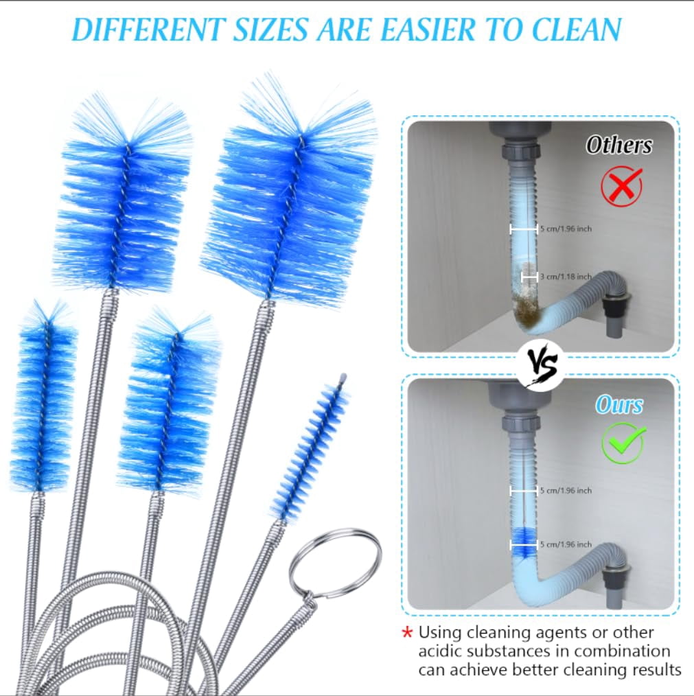 CNDRLEF 3-Piece Drain Brush Set, 61in Flexible Stainless Steel Pipe Cleaning Brushes with 5 Sizes, Double-Ended Tube Cleaner for Sink, Drain & AC Line