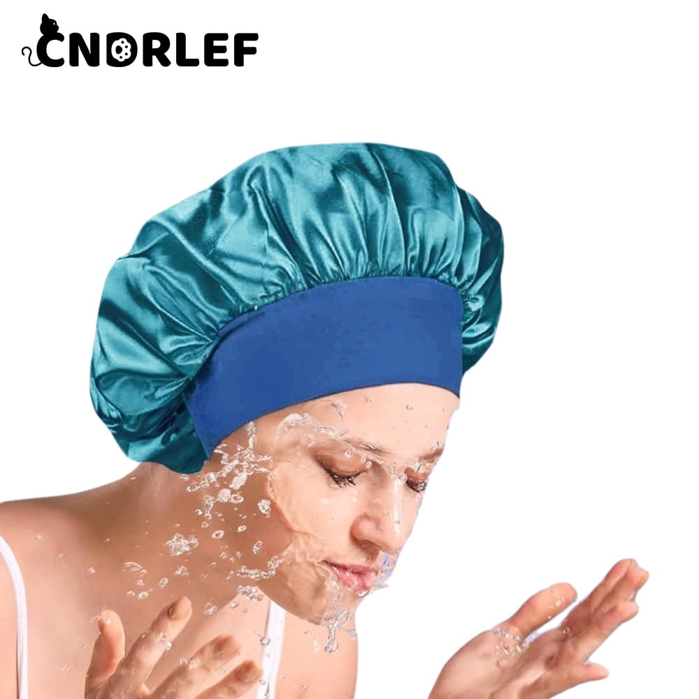 CNDRLEF 4PCS Luxury Satin Sleep Bonnets - Elastic Wide Band Hair Wrap for Curly & Natural Hair, Extra Room, Shower Cap, Works for All Hair Styles/Lengths (Pink, Leopard, Black, Peacock Green)