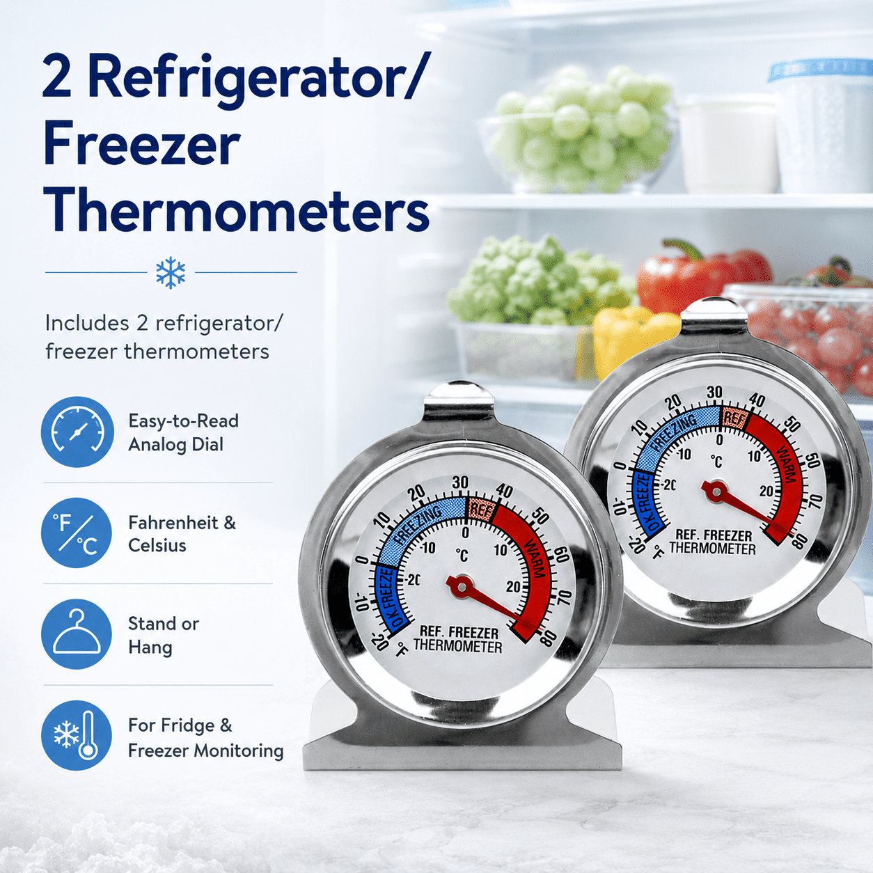 CNDRLEF 3-Piece Kitchen Thermometer Set, Digital Meat Food Thermometer with 2 Refrigerator Freezer Thermometers for Cooking, Grill, Fridge, Freezer
