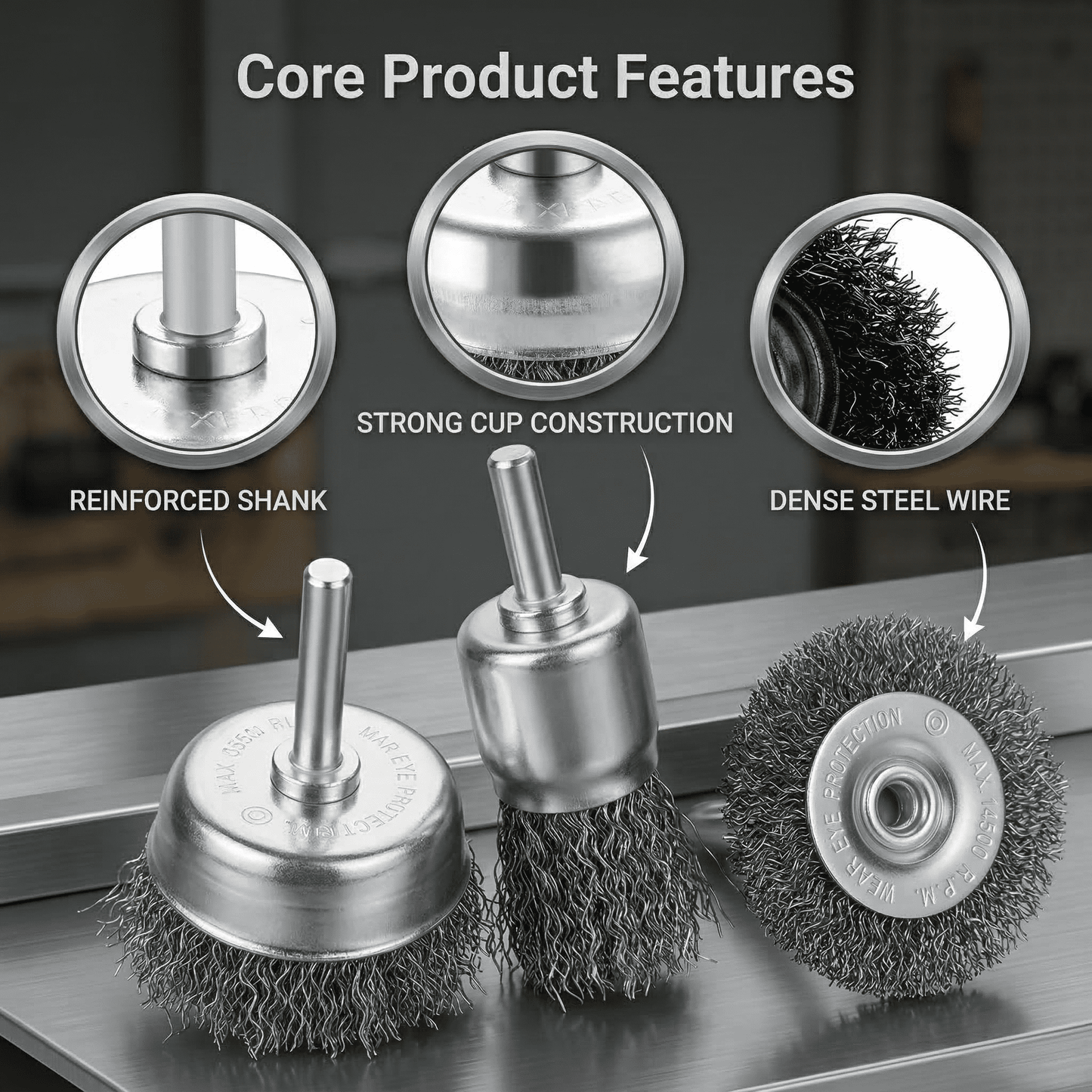 CNDRLEF 5PCS Wire Brush for Drill Set, 1/4 Inch Shank Wheel & Cup Brush Kit, Crimped Carbon Steel for Rust Removal, Paint Stripping