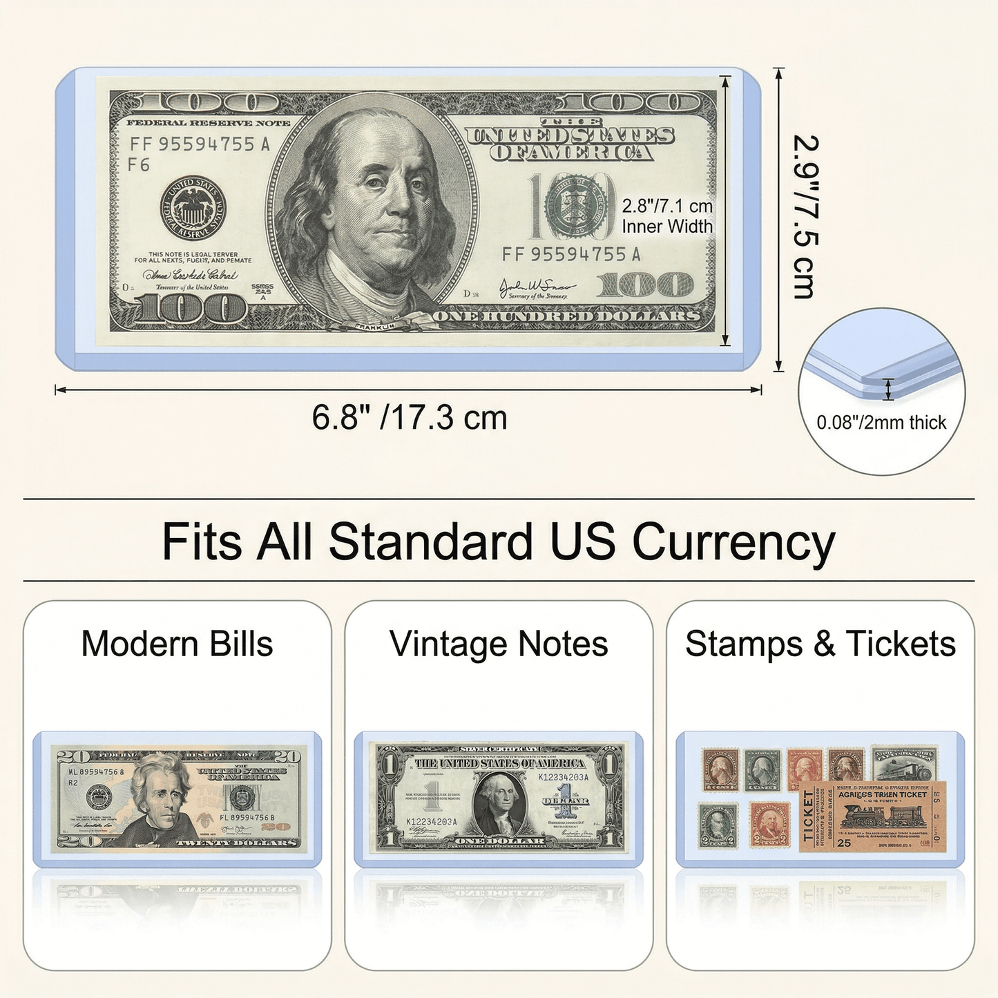 CNDRLEF 24 Pack Dollar Bill Sleeves, Clear Semi-Rigid PVC Currency Holders, Waterproof Money Protectors for Collectors, 6.8 x 2.9 in, Top-Load