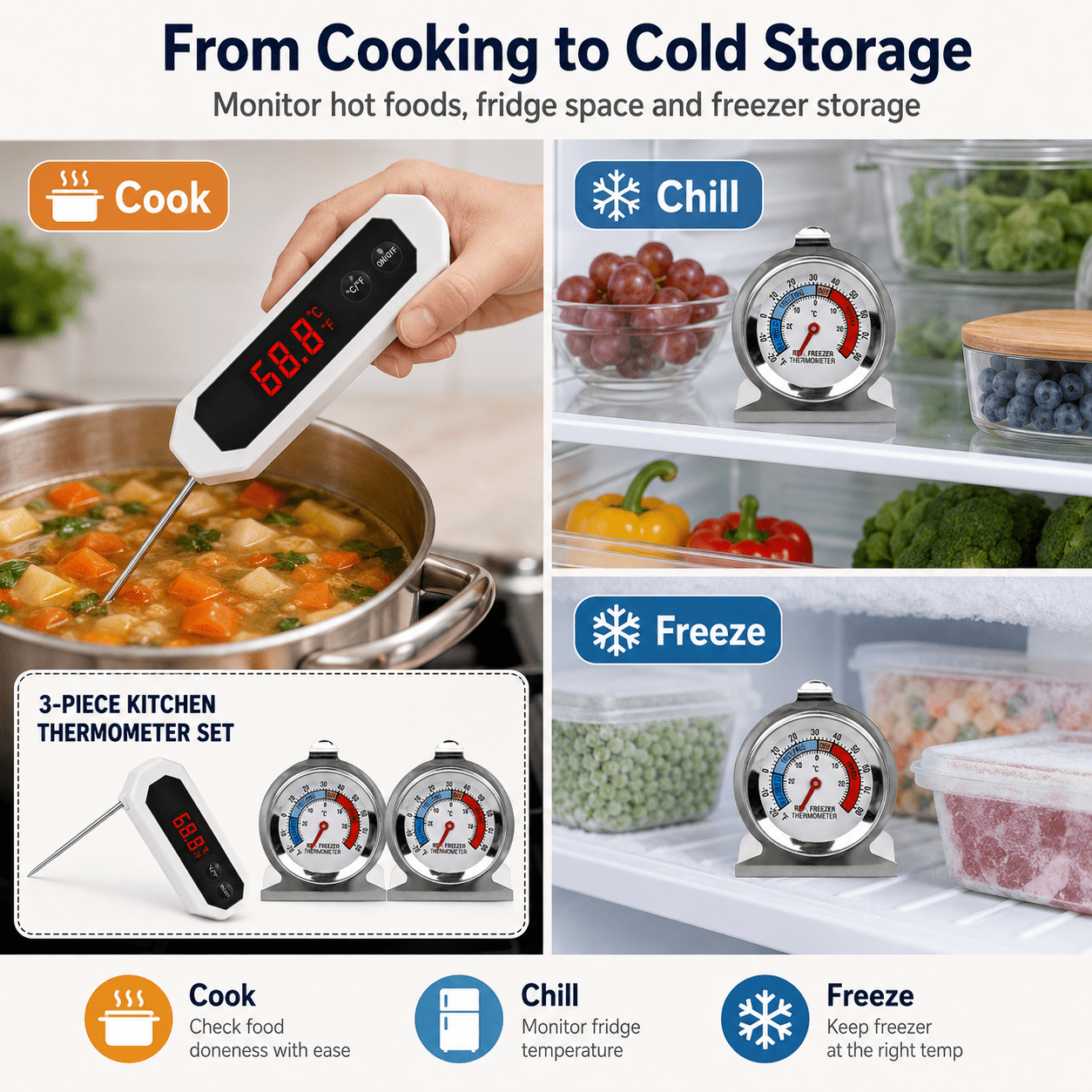 CNDRLEF 3-Piece Kitchen Thermometer Set, Digital Meat Food Thermometer with 2 Refrigerator Freezer Thermometers for Cooking, Grill, Fridge, Freezer