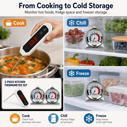 CNDRLEF 3-Piece Kitchen Thermometer Set, Digital Meat Food Thermometer with 2 Refrigerator Freezer Thermometers for Cooking, Grill, Fridge, Freezer
