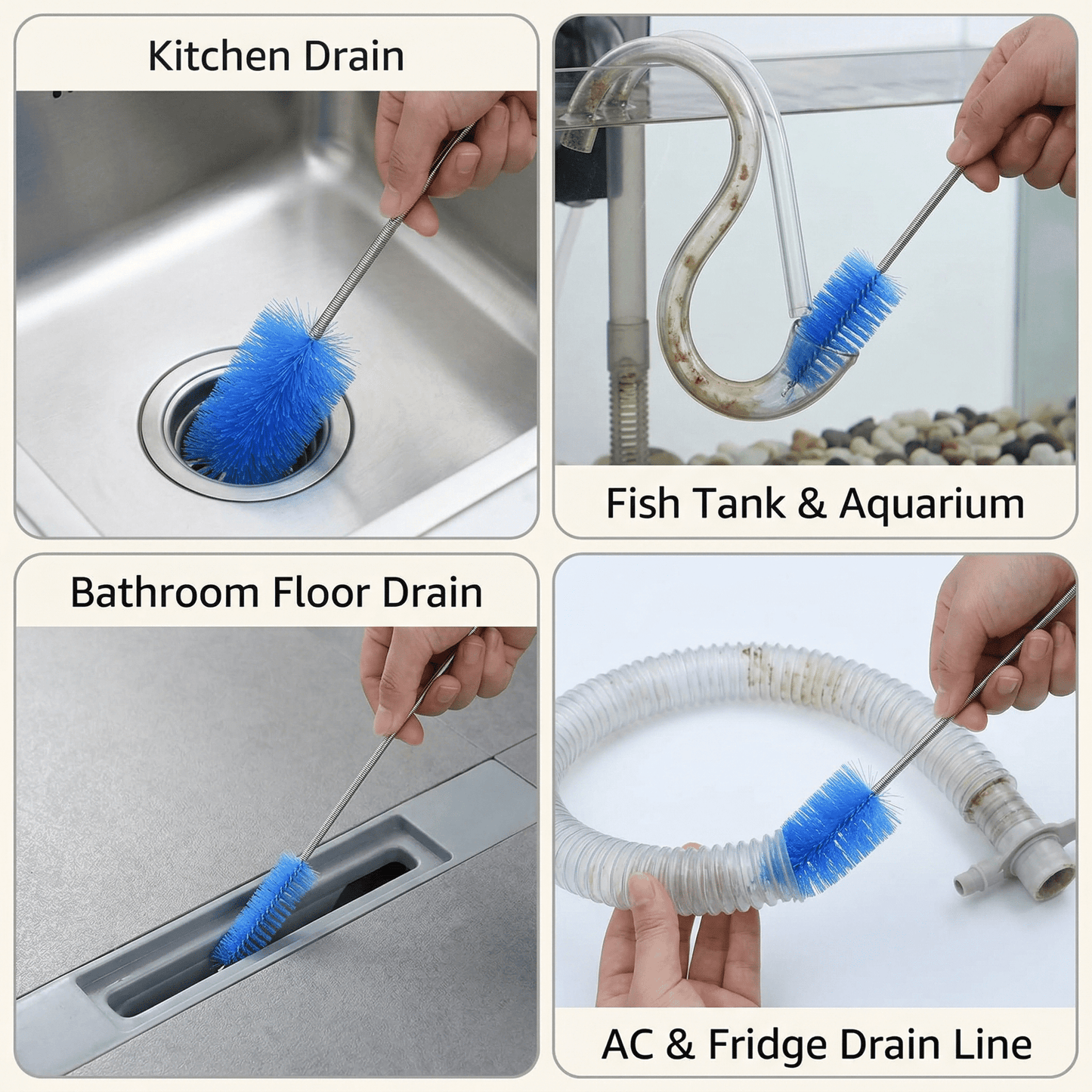 CNDRLEF 3-Piece Drain Brush Set, 61in Flexible Stainless Steel Pipe Cleaning Brushes with 5 Sizes, Double-Ended Tube Cleaner for Sink, Drain & AC Line