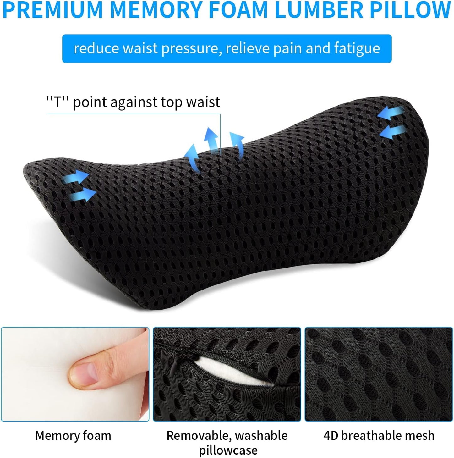 CNDRLEF Lumbar Support Pillow for Office Chair, Car Seat, Bed & Recliner - Ergonomic Memory Foam Back Cushion with Breathable Mesh, Pain Relief for Lower Back, Black