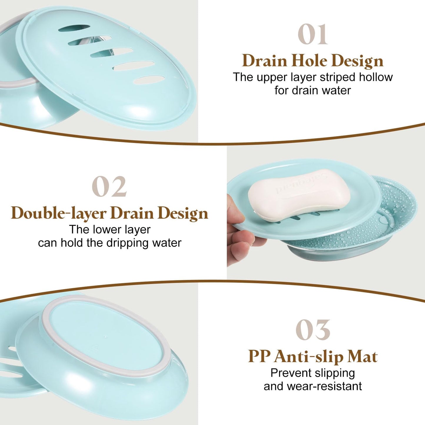 CNDRLEF 2 Pack Soap Dish with Drain, Double Layer Soap Holder, Easy Clean Plastic Soap Saver Tray for Bathroom, Shower, Kitchen Sink, Blue