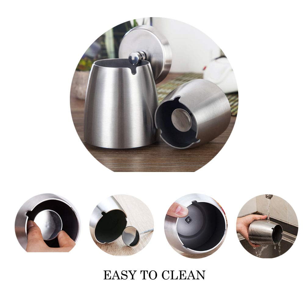 CNDRLEF Stainless Steel Ashtray with Lid, Medium Silver - Windproof Smokeless Odorless Covered Ash Tray for Indoor Outdoor Home Office Patio