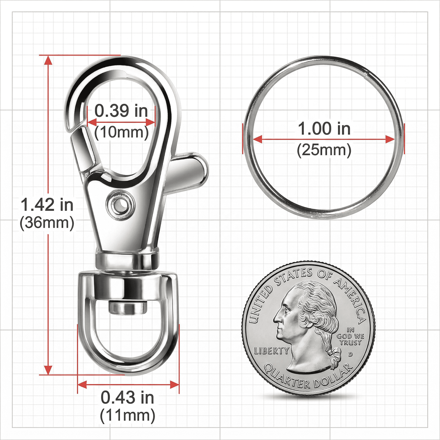 CNDRLEF 120PCS Swivel Snap Hooks with Key Rings, 35mm Lobster Claw Clasps and 25mm Split Rings for Keychains, Lanyards, Badges, DIY Crafts, Silver