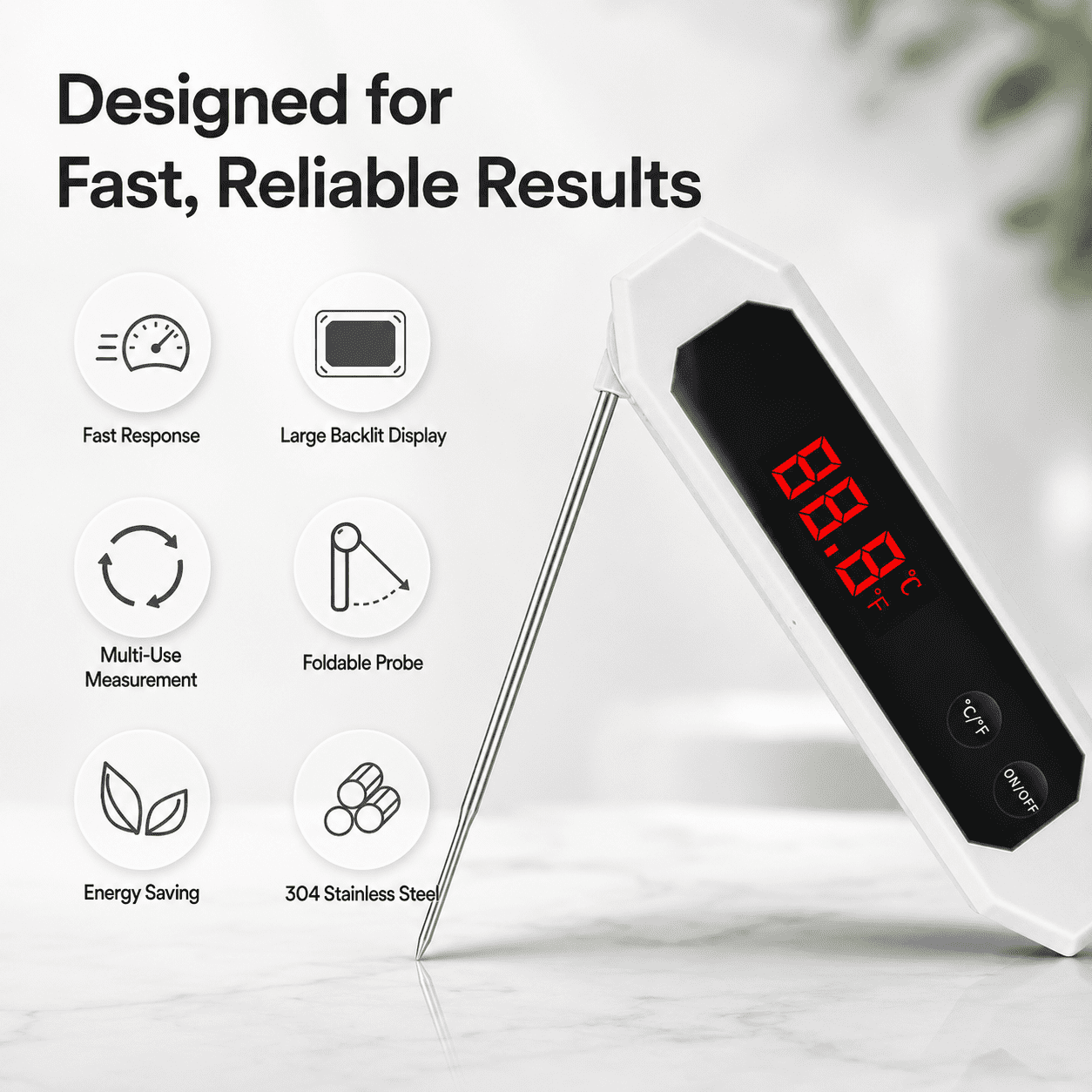 CNDRLEF Digital Meat Thermometer, Instant Read Food Thermometer with Foldable 304 Stainless Steel Probe for Cooking, BBQ, Grill, Frying, White