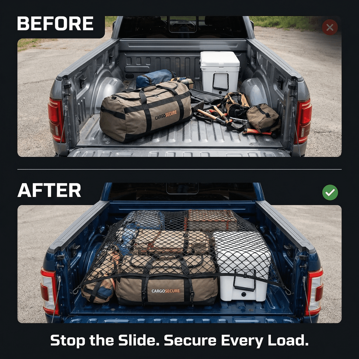 CNDRLEF Truck Bed Cargo Net, 4 x 4 ft Stretches to 7 x 7 ft, Double-Layer Mesh, 8 Metal Carabiners, Fits Pickup, SUV, Trailer, Boat