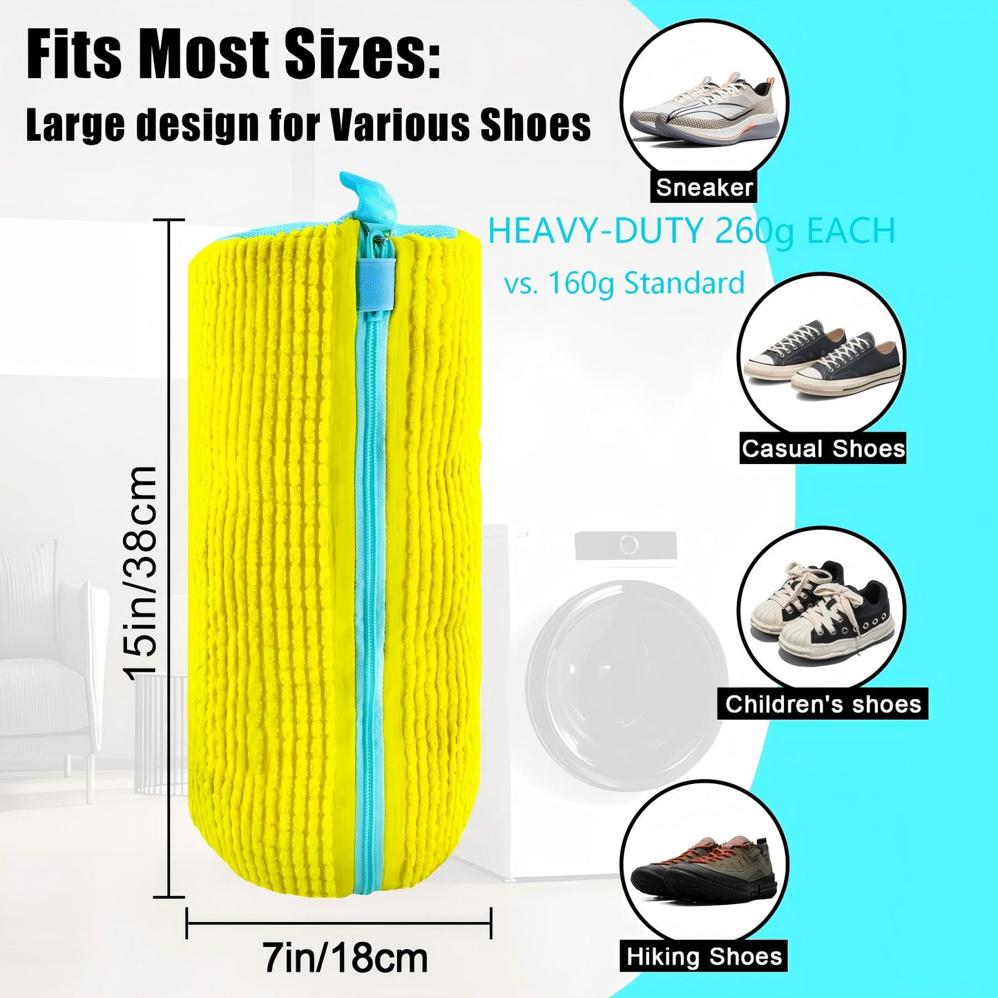 CNDRLEF Shoe Washing Bag for Washing Machine, XL Chenille Microfiber Shoe Cleaner Laundry Bag with Self-Locking Zipper, Heavy-Duty 260g Each, Yellow, 2 Pack