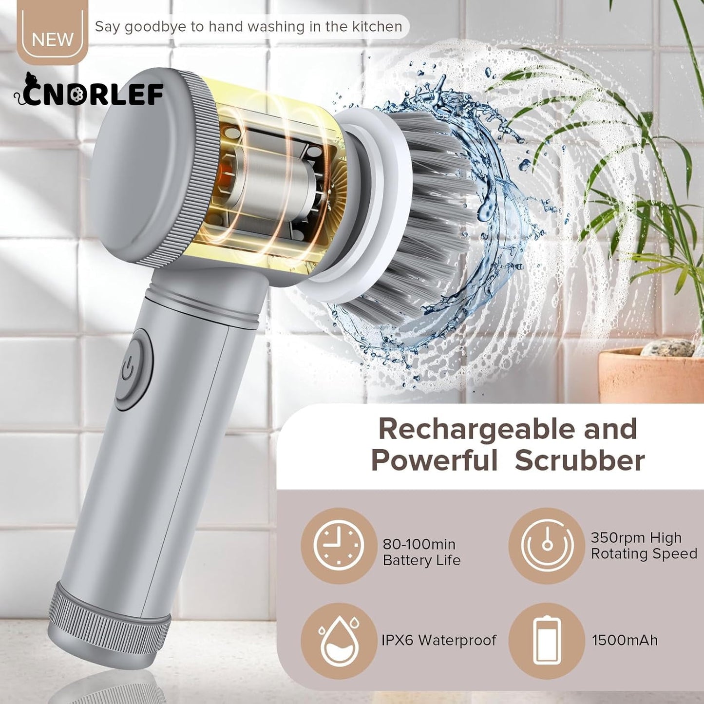 CNDRLEF Electric Spin Scrubber - Cordless 6-in-1 Multipurpose Scrubber for Bathroom, Kitchen, Tile, Sink with 6 Brush Heads, 350RPM, IPX6 Waterproof & 100Min Battery Life