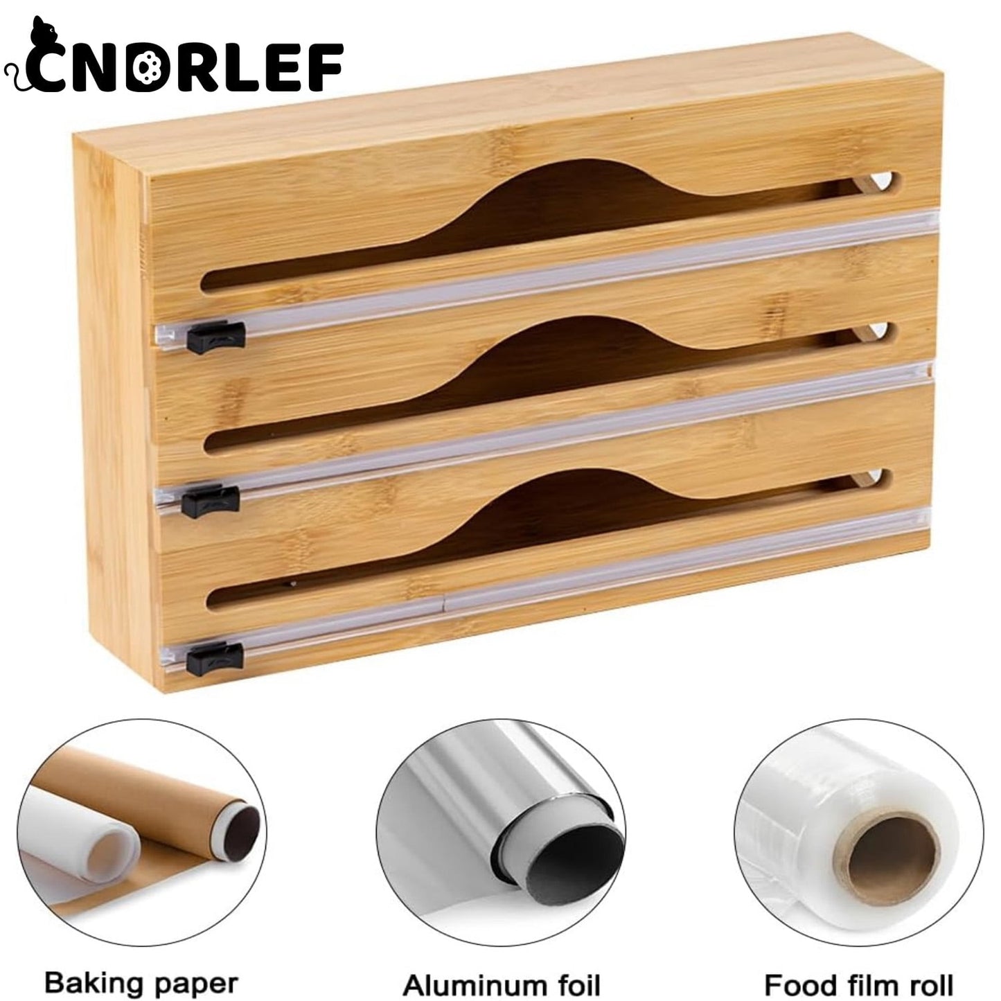 CNDRLEF 3 in 1 Wrap Organizer with Cutter , Plastic Wrap, Aluminum Foil and Wax Bamboo Dispenser for Kitchen Storage Organization Holder for 12" Roll (Natural)