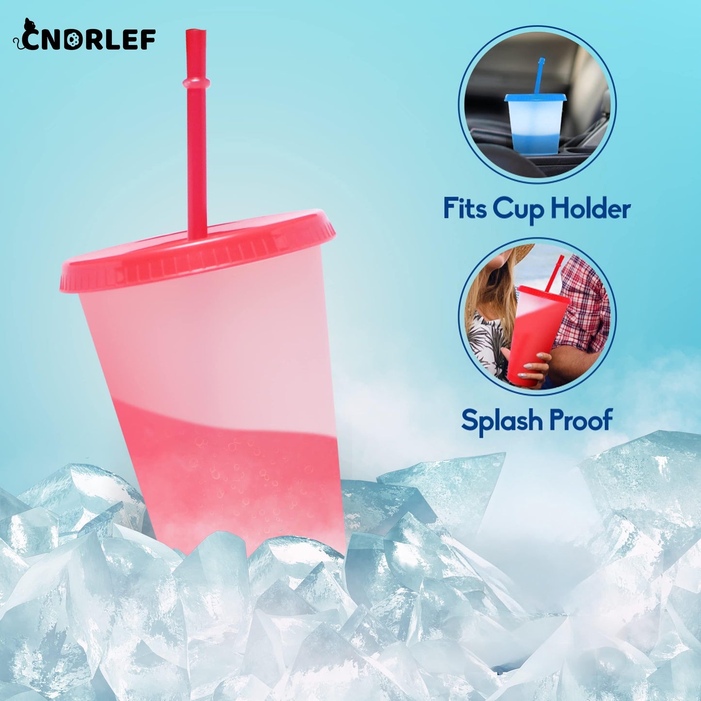 CNDRLEF [Color Changing Tumblers 24oz 10-Pack] Reusable Cups w/Straws for Iced Coffee & Smoothies | Splash-Proof, Changes Below 53°F, Fits Cup Holder | BPA-Free Drinkware