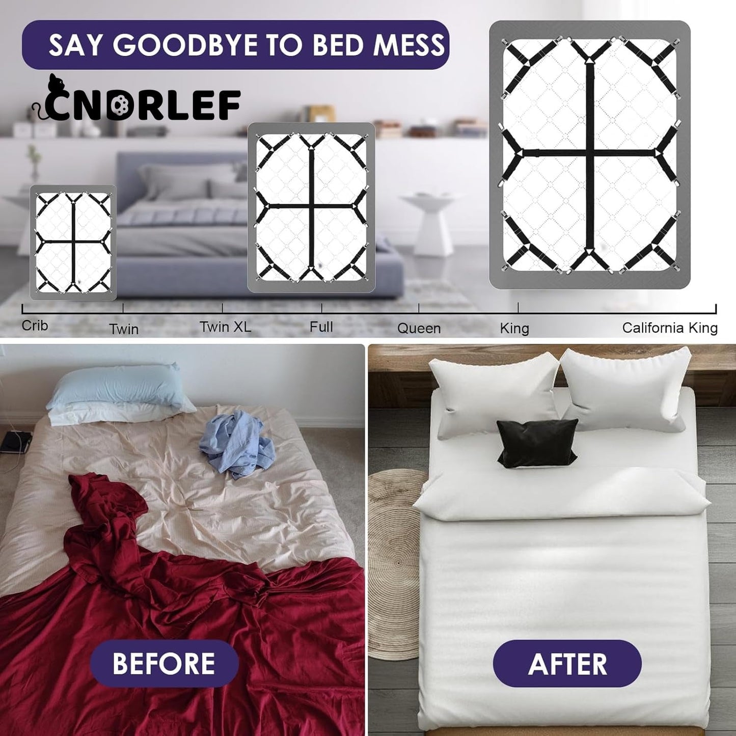 CNDRLEF Bed Sheet Straps 6PCS - Adjustable Elastic Sheet Holders for Full Size Mattress, Non-Slip Corner Clips Keep in Place