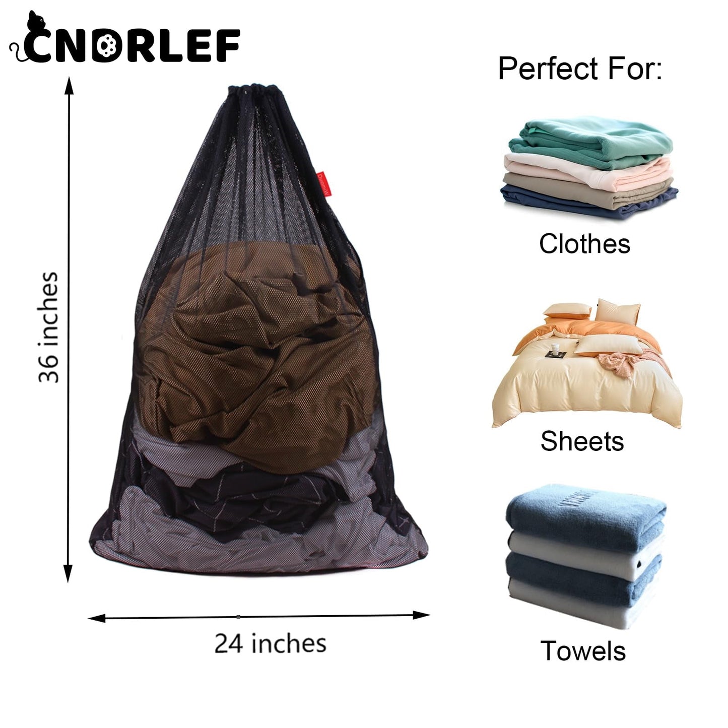 CNDRLEF Heavy Duty Mesh Laundry bag, Reinforced Drawstring Closure, 24x36 inch, 2 Pack, Black for College Dorm, Travel & Home