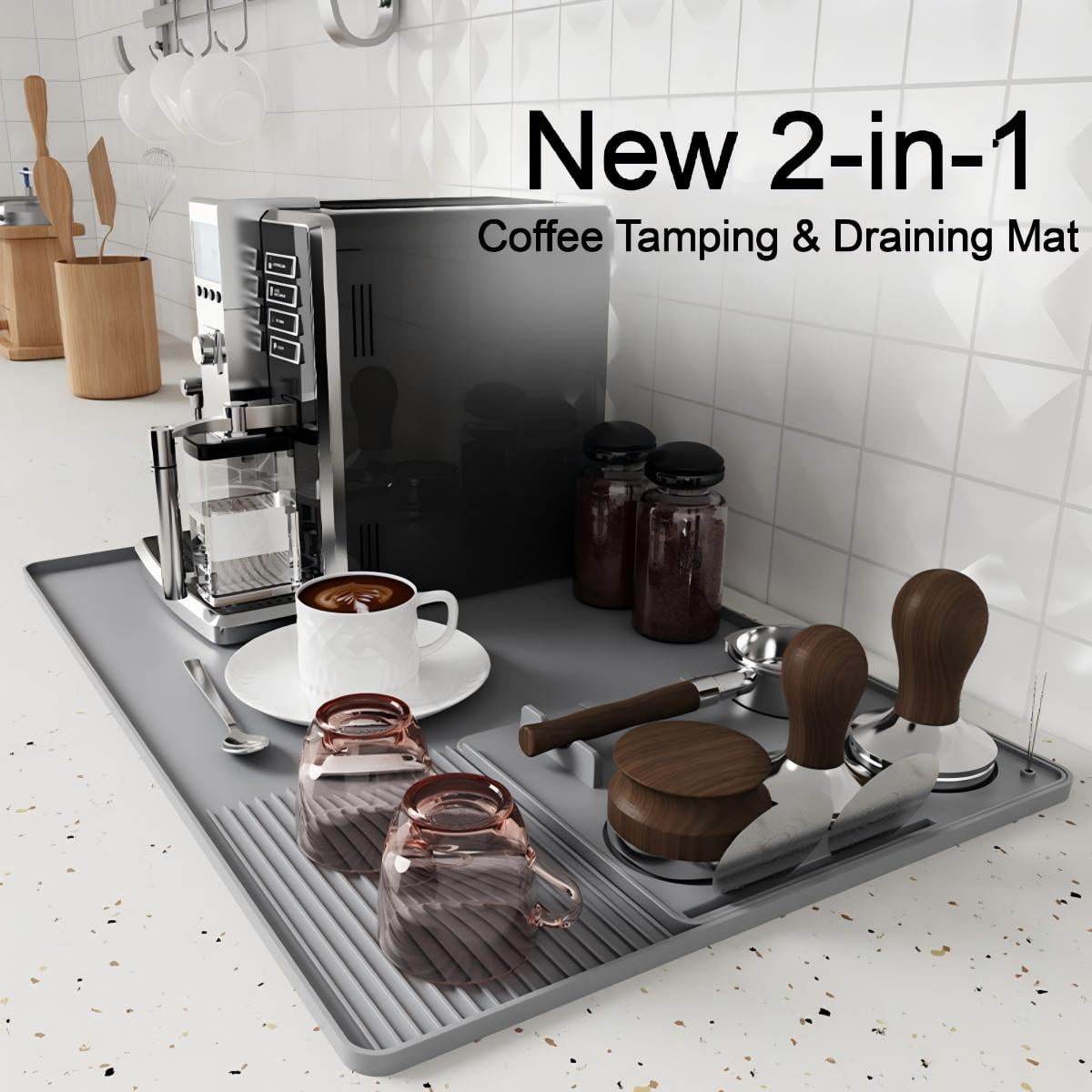 CNDRLEF 2-in-1 Silicone Coffee Mat with Drain Outlet, 40x60cm Detachable Coffee Machine Mat for Countertops, Non-Slip Heat Resistant Bar Pad for Espresso Machines, Kitchen Counter Protection (Gray)