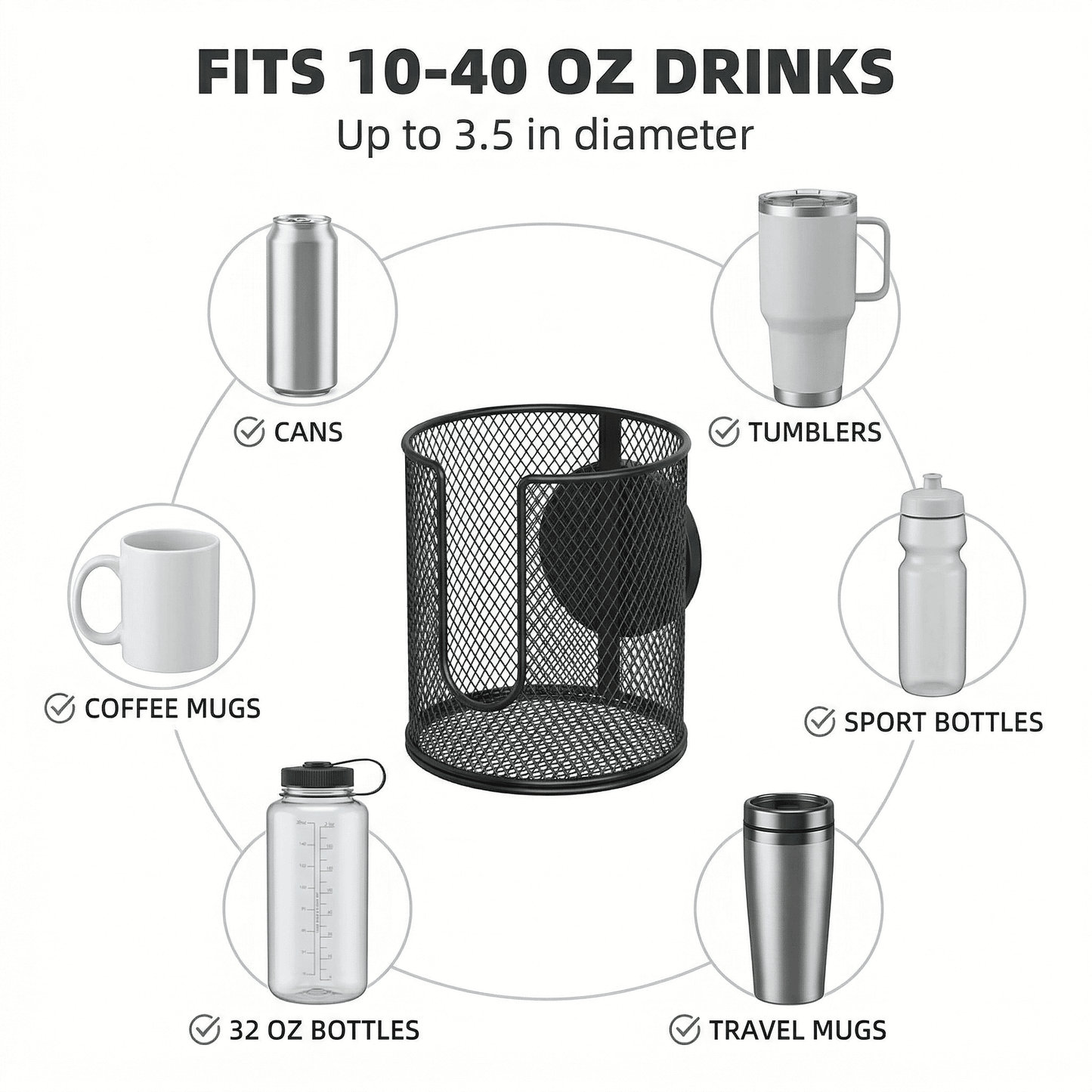 CNDRLEF Magnetic Cup Holder, Heavy Duty Metal Drink Holder with Strong Magnet Base, Fits 10-40 oz Bottles, Cans & Mugs up to 3.5 in, Black