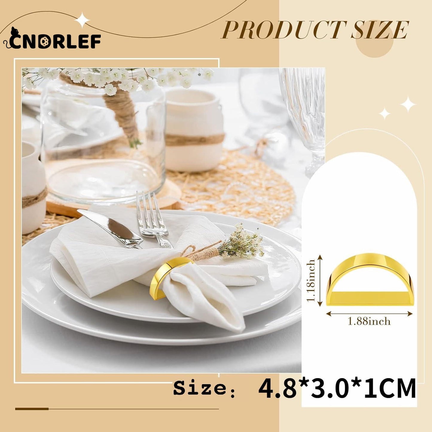 CNDRLEF 10 Pack Matte Gold Napkin Rings - Stainless Steel Semicircle Ring Holder for Wedding, Christmas, Party Dinner Table Setting